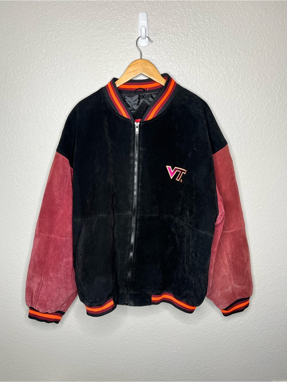 Vintage Virginia Tech Hokies Suede Leather Bomber Jacket XXL VT Varsity Coat 2XL
